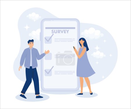 Téléchargez les illustrations : Opinion or customer feedback using internet concept, man and woman using mobile or smartphone to fill in online survey checklist. Flat vector modern illustration - en licence libre de droit