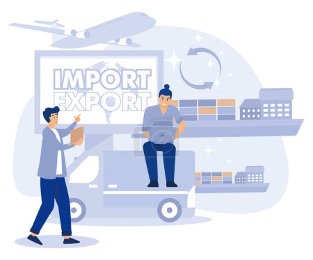 Import- und Exportkonzept. Winzige Geschäftsleute verkaufen weltweit Waren und Dienstleistungen. Flacher Vektor moderne Illustration.