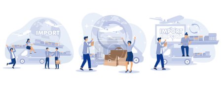 Import and export concept. Global trade. Logistics business. Tiny people businessman sale goods and services worldwide, set flat vector modern illustration