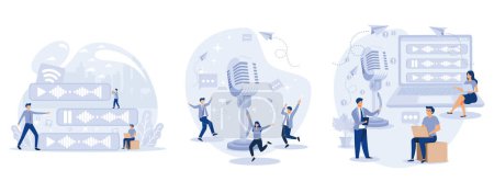 Illustration for Voice messages concept. Tiny people use microphone to record message. Chat app, set flat vector modern illustration - Royalty Free Image