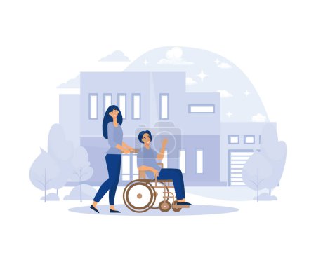 Ilustración de El apoyo social a las personas necesitadas, la ayuda a las personas con discapacidad, los servicios voluntarios vector plano ilustración moderna - Imagen libre de derechos