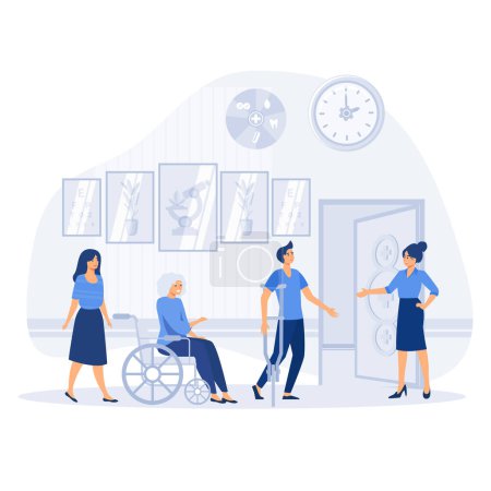 Illustration for Hospital reception good work in clinic hall to help, assist patients. health facility to provide high quality healthcare service. flat vector modern illustration - Royalty Free Image