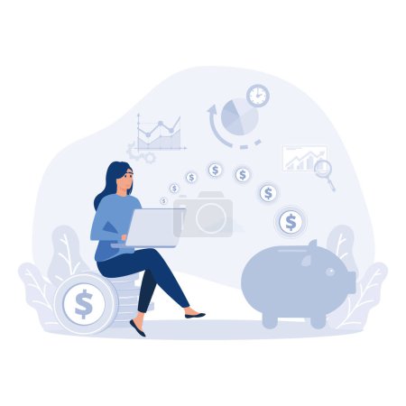 Illustration for A young woman works at a laptop to study and fulfill financial savings. Money is flying in a piggy bank, flat vector modern illustration - Royalty Free Image