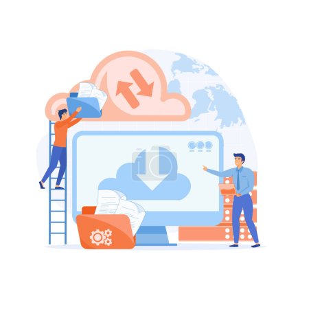 Ilustración de Tecnología Cloud. Personas que almacenan datos en el servidor en la nube. vector plano ilustración moderna - Imagen libre de derechos