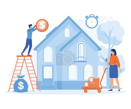 Illustration for Bank loan and savings concept, young couple investing money in real estate. flat vector modern illustration - Royalty Free Image