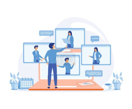 Online Discussion and Video Conference Concept. People Character working Remote at Home and using Laptop for Video Meeting with Colleagues. flat vector modern illustration
