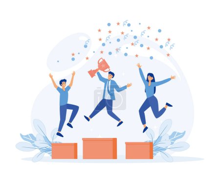 Employee recognition concept, jumps in the air with trophy cup. flat vector modern illustration