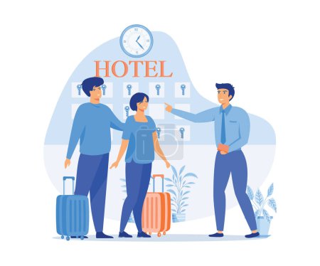 Illustration for Receptionist giving key from room. Hotel scene with couple checking in. Man and woman at reception counter with luggage, flat vector modern illustration - Royalty Free Image