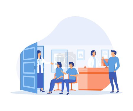 Illustration for Hospital reception good work in clinic hall to help, assist patients. health facility to provide high quality healthcare service. flat vector modern illustration - Royalty Free Image