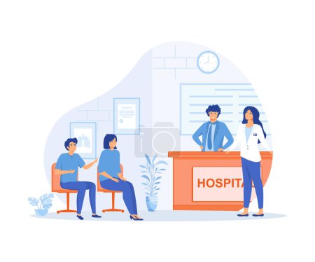 Illustration for Hospital reception, Patients at a hospital reception desk registering and paying at the desk or sitting waiting for the doctor, flat vector modern illustration - Royalty Free Image