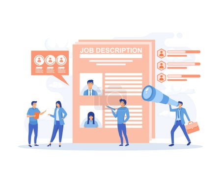 Work Descriptions Concept. Characters Reading Personnel Resume, Applicants Searching Job Learning Offers in Internet Resource. flat vector modern illustration