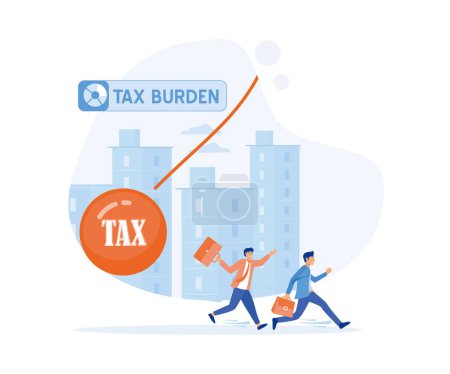 tax burden concept. Businessman running away from huge pendulum with message 'tax', flat vector modern illustration