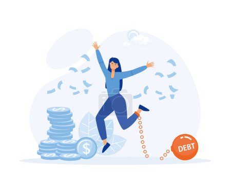 Ilustración de Mujer libre de deudas, alegre con cadenas rotas celebrando la independencia financiera con gesto victorioso. vector plano ilustración moderna - Imagen libre de derechos