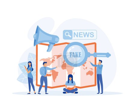 Fake News and Gossips. Tiny People Reading Newspapers and Social Media Information in Internet on World Map Background. Fake news concept. flat vector modern illustration