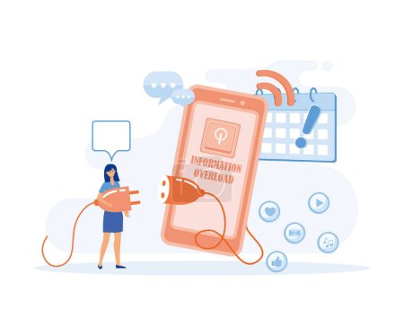 Information detox. Information overload. girl protecting themselves from flow of information and news turning off smartphone. flat vector modern illustration