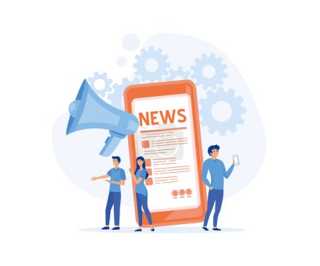 Illustration for Online reading news. Young men and women are standing near big smartphone and using their own smart phones for reading news. flat vector modern illustration - Royalty Free Image