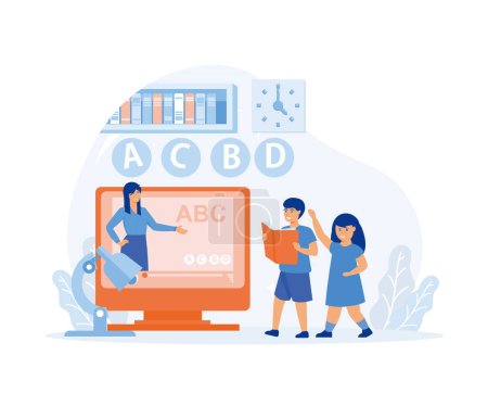 E-learning, Online early childhood education courses. Woman teacher on screen. Group of preschoolers at distance learning, flat vector modern illustration