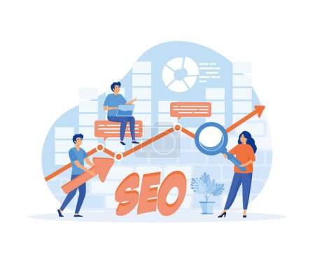 SEO, Search Engine Optimization for website to show in search result page concept, professional people holding magnifying glass. flat vector modern illustration