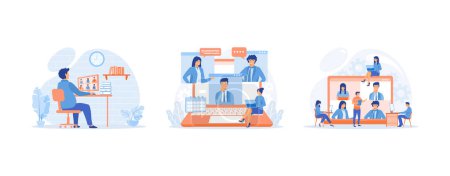 video conference, remote work, technology concept, Worker using computer for collective virtual meeting and group video conference, set flat vector modern illustration