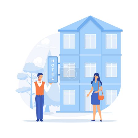 Illustration for Hotel service. Doorman service, Smiling doorman welcoming guest. flat vector modern illustration - Royalty Free Image