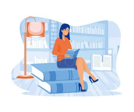 Self development. Self learning, distance learning. Library. World Book day. Girl reading a book. flat vector modern illustration