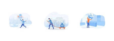 Businessman carrying heavy debt burden, Businessman sweating and pulling a cart with text Debt on it, Man in suit, businessman bears a debt on his back. Debt burden set flat vector modern illustration
