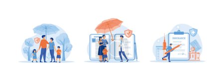 Familia de pie bajo el paraguas del seguro juntos, Escudo de protección para padres e hijos, Proteger de accidentes. Seguro de salud conjunto vector plano ilustración moderna