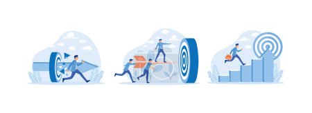 Business superhero rushing towards target, Team of Businesspeople Carrying Big Arrows with Businessman Standing on It Running to Big Target, Challenge, Problem, obstacle, Path to goal. Business target set flat vector modern illustration
