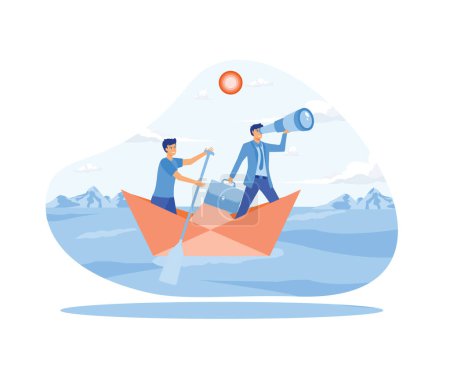 Illustration for Businessman looking through a telescope by two business people standing with oars floating on a paper boat in the sea. flat vector modern illustration - Royalty Free Image