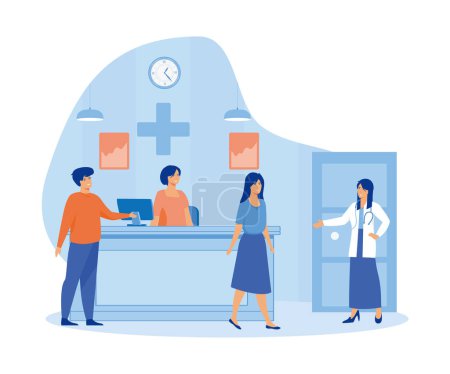 Patients at a hospital reception desk registering and paying at the desk or sitting waiting for the doctor in a healthcare. flat vector modern illustration