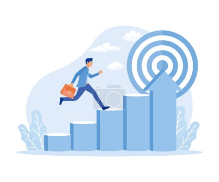 Businessman running up stairs towards target, Challenge, Problem, obstacle, Path to goal. flat vector modern illustration