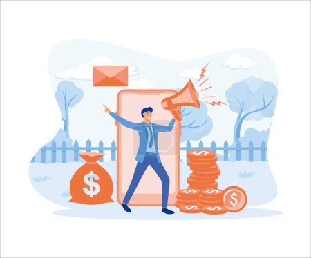 Ilustración de La gente comparte información sobre referencias y ganar dinero. vector plano ilustración moderna - Imagen libre de derechos