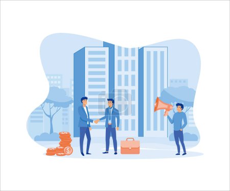 People shout on megaphone with Refer a friend and get rewarded. flat vector modern illustration