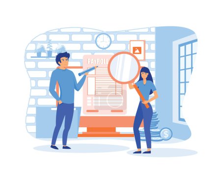 Male and female characters work on payroll administration. Man and woman use pencil and magnifying glass to examine paycheck. flat vector modern illustration