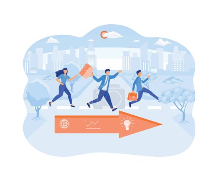Business competition. Three business people racing with arrows. flat vector modern illustration