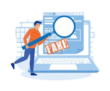 Man with magnifying glass verify fake news on website on computer. flat vector modern illustration