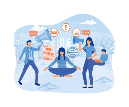 Illustration for Stop spreading hoax and fake news. Young woman meditate under glass dome trying to stop false news from television, internet. flat vector modern illustration - Royalty Free Image