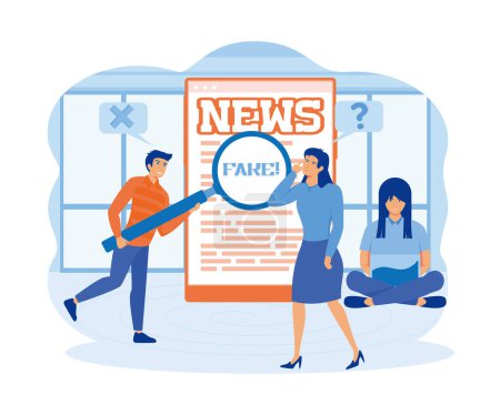 People scanning fake news published in social network and hoax information on the internet, media press. flat vector modern illustration