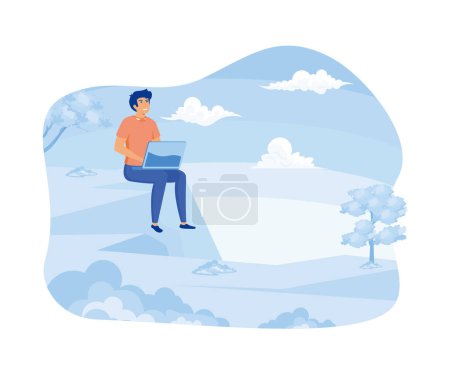 Ilustración de Trabajar desde cualquier concepto. Persona masculina que usa computadora portátil fuera en la naturaleza. vector plano ilustración moderna - Imagen libre de derechos