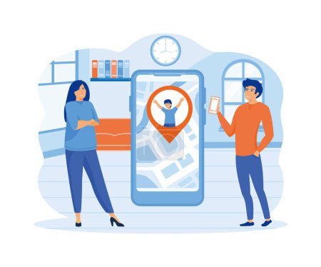 Illustration for Children protection and safety concept. Parents monitoring whereabouts of child via smart phone with geo location tracking application. flat vector modern illustration - Royalty Free Image