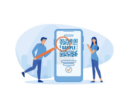 Group of businesspeople scan code using mobile phone. Smart technology for internet and mobile payments. flat vector modern illustration