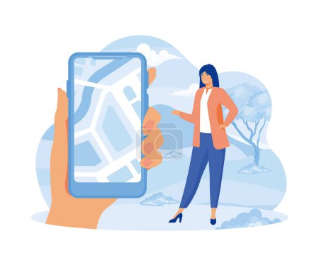 Geofencing as map area boundary for marketing action tiny person concept. GPS satellite navigation usage for smartphone ecommerce system with precise targeting. flat vector modern illustration