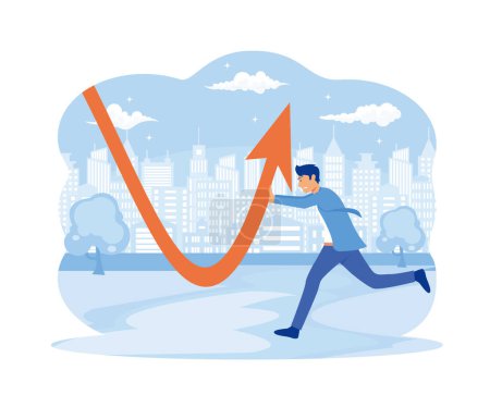 A minimal style of a red down graph of the financial crisis, economic downturn, inflation, recession, failure, bankruptcy, and crisis concept. Businessmen team push up decrease business chart diagram. flat vector modern illustration