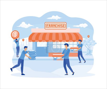 Franchise business composition with images of stores held by characters of business people with location signs. flat vector modern illustration