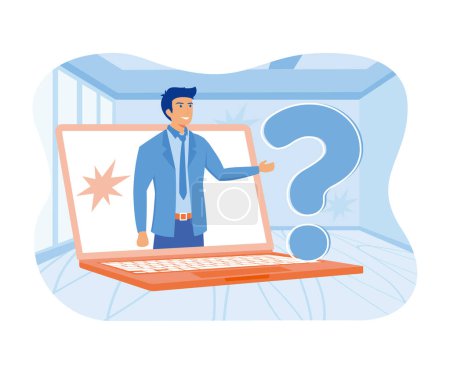 Man standing near big question mark. The concept of information is unknown. Portraits of wise people. think about or solve problems. flat vector modern illustration