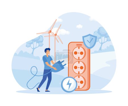 Energy consumption concept. Men using Green electricity and power save flat vector modern illustration