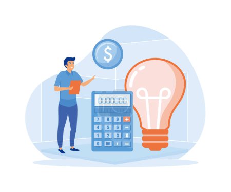 Energy consumption concept. Man using energy efficient devices, paying less and saving money. flat vector modern illustration