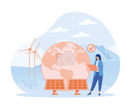 Energy efficiency concept. Woman using green electricity, windmills and solar panels. flat vector modern illustration