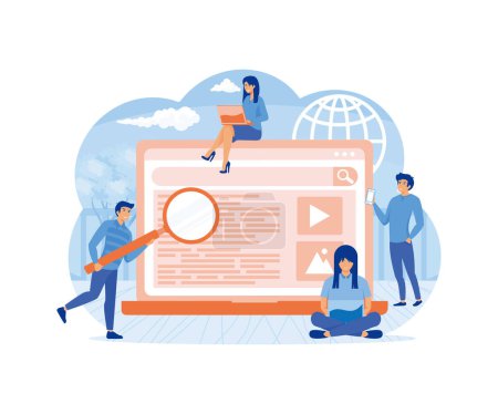 Illustration for Search engine answering users questions. People using laptops and phones for online query. flat vector modern illustration - Royalty Free Image