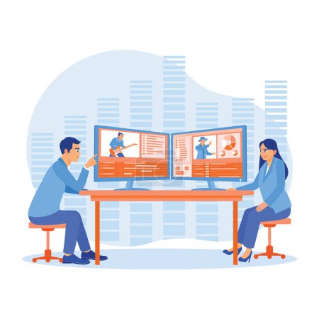 Video editor discussing at the computer with client using post-production software and two monitors. Creative people work in digital multimedia companies. Video Editor concept. Trend Modern vector flat illustration